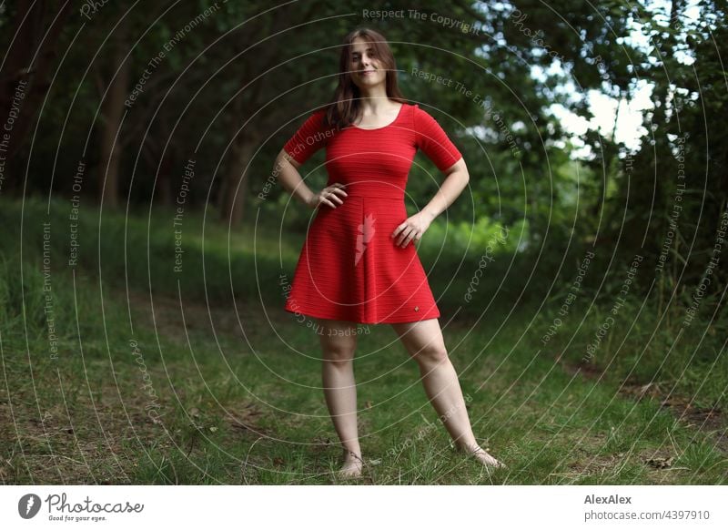 Junge Frau in rotem Sommerkleid steht in der Natur im Grünen und schaut lächelnd in die Kamera sehen grün brünett Kleid rotes Kleid Gras sportlich Freizeit