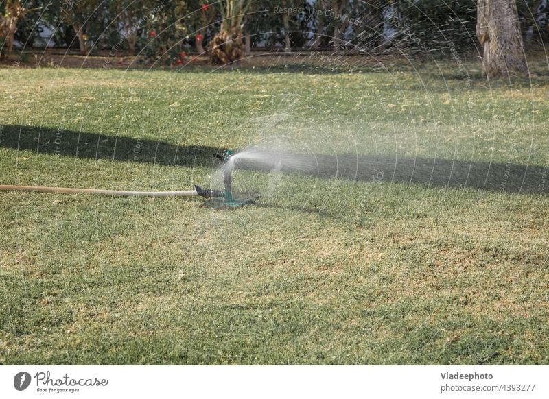 automatisches Rasenbewässerungssystem im Park. Beregnung des Rasens und der Pflanzen Gras Bewässerung System Berieselung Ackerbau Gerät Garten grün heimwärts