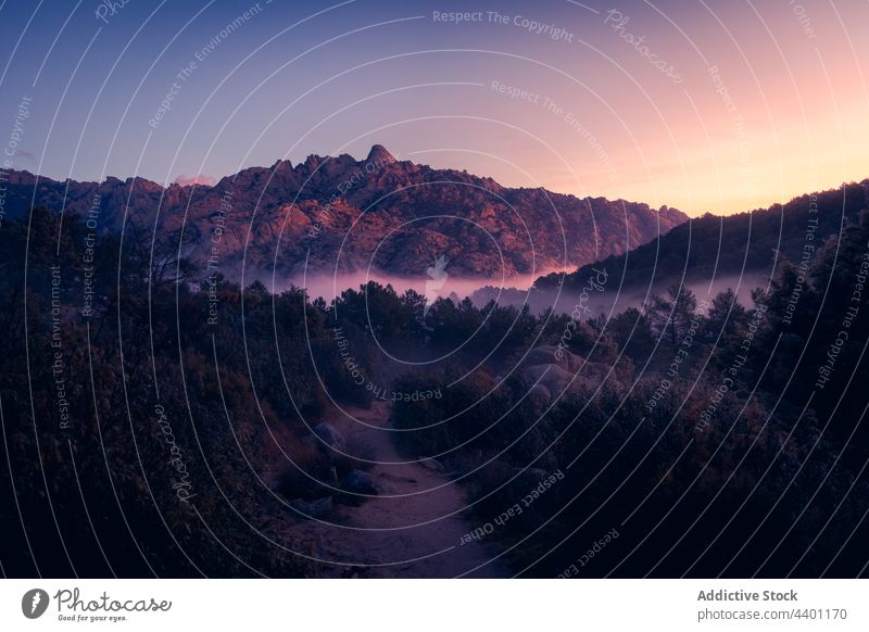 Nebel zwischen Bergrücken und Felsen in der Morgendämmerung Berge u. Gebirge Ambitus Felsbrocken Baum Himmel pedriza Natur diffus Air Umwelt Ökologie Landschaft