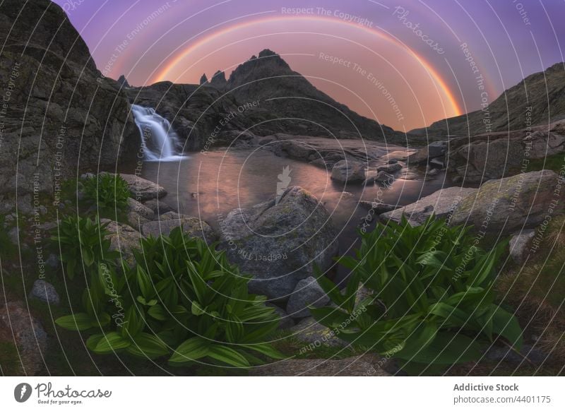 Berge mit Wasserfall und Mais Lilien gegen Regenbogen in Abend Berge u. Gebirge Maislilie Natur Hochland Landschaft Sierra de Gredos Umwelt Sonnenuntergang