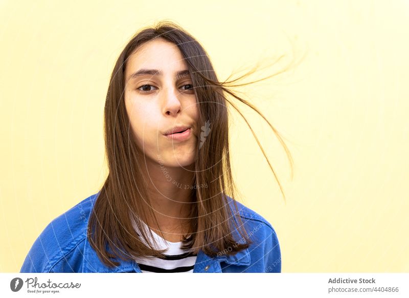 Charmante Frau, die ihr Haar mit einem Luftgebläse zurechtrückt Schlag Behaarung Air Stil braune Haare trendy ausrichten charmant Gelassenheit friedlich ruhig