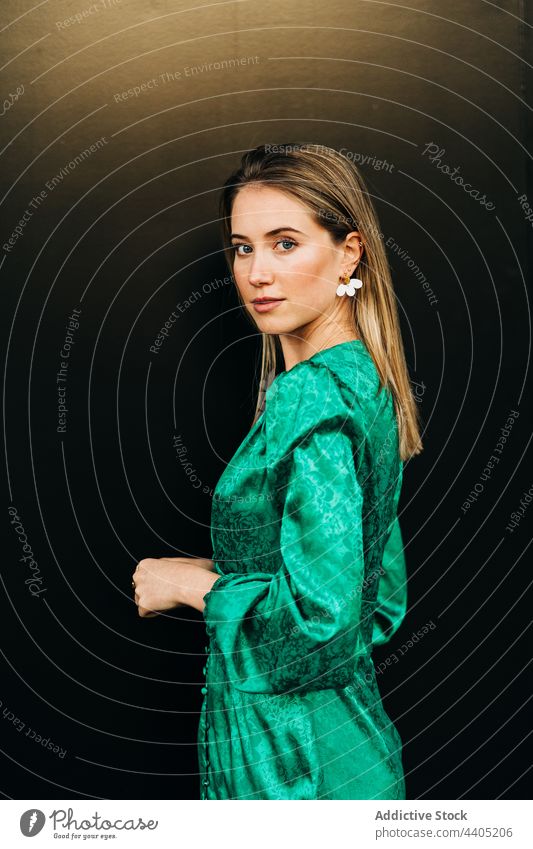 Elegante Frau im Kleid auf braunem Hintergrund Stil elegant grün trendy charmant Vorschein Outfit Gelassenheit Mode ruhig Persönlichkeit Anmut Bekleidung