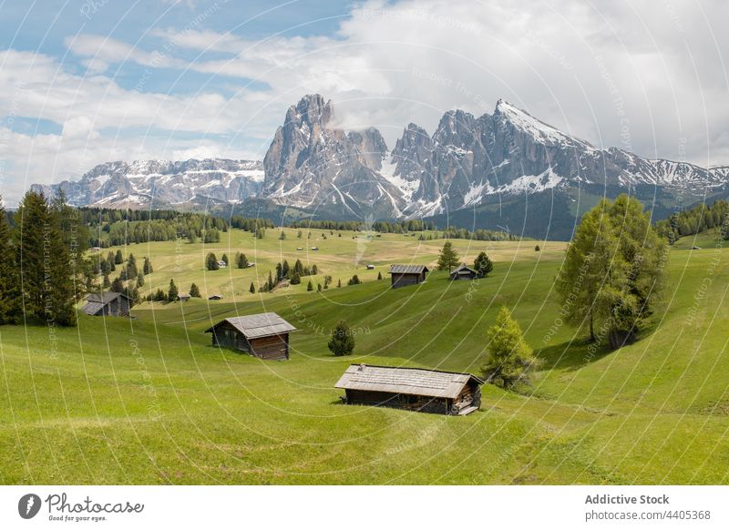 Bergdorf im grünen Tal an einem sonnigen Tag Berge u. Gebirge Dorf Hochland Wiese alpin Wohnsiedlung Haus Landschaft Dolomit Italien Alpen Seiser Alm Sommer