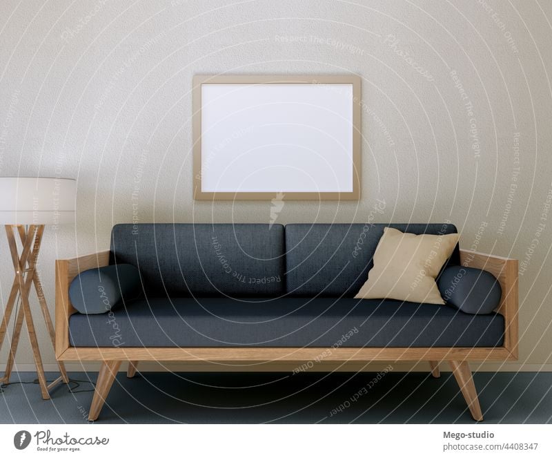 3D-Illustration. Mockup von einem leeren Plakatrahmen an der Wand hängen. 3d Rahmen Attrappe Dekoration & Verzierung lebend Raum modern Innenbereich Design