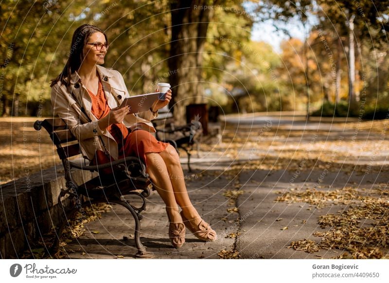 Junge Frau trinkt Kaffee und benutzt ein digitales Tablet im Park allein attraktiv Herbst Bank Kaukasier Gerät Wald Internet Laptop Blätter Freizeit Lifestyle