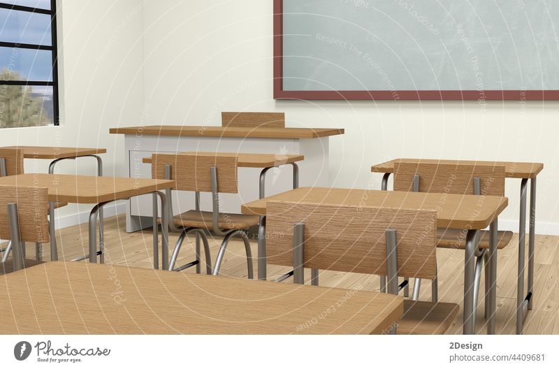 Leere Schule Klassenzimmer Interieur 3d Illustration Tafel Klassenraum Schreibtisch Bildung Stuhl Raum Innenbereich leer im Innenbereich Lektion Sitz lernen