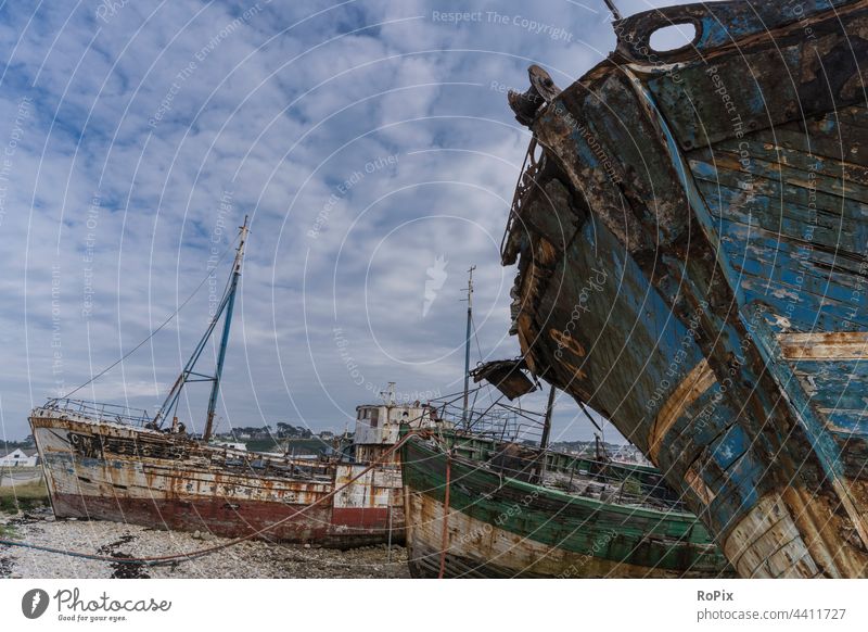 Schiffsfriedhof in Camaret sur Mer. Schiffsrumpf Segelschiff Segler Farbe Holz Planken Sand Moos Struktur Tiefgang Seefahrt ship Technik Barkasse Hafen Harbour