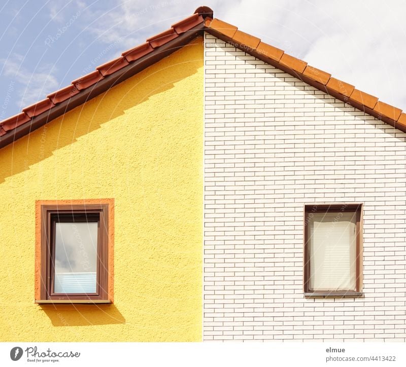 Ordnung im Chaos I Giebel eines Doppelhauses mit jeweils einem Fenster und unterschiedlich gestalteten Fassaden / wohnen / Nachbarn Hausgiebel