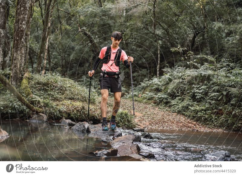 Männlicher Wanderer mit Trekkingstöcken im Wald Mann Wanderung Mast kleben Reisender See männlich reisen Abenteuer Umwelt erkunden Fernweh Wälder Wasser stehen