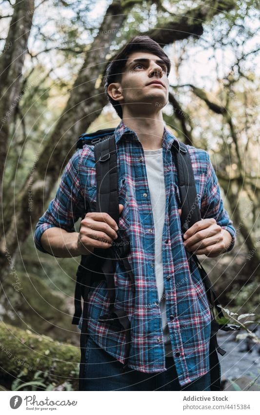 Männlicher Wanderer mit Rucksack im Wald Mann Trekking Sand Straße reisen Wanderung Reisender männlich Natur erkunden Freiheit Abenteuer Fernweh Wälder