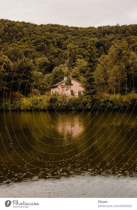 Zoolhaus an der Altmühl im Regen zollhaus fluß altmühltal wasser gewässer regen sommerregen spiegelung idylle bäume grün natur landschaft Außenaufnahme Farbfoto