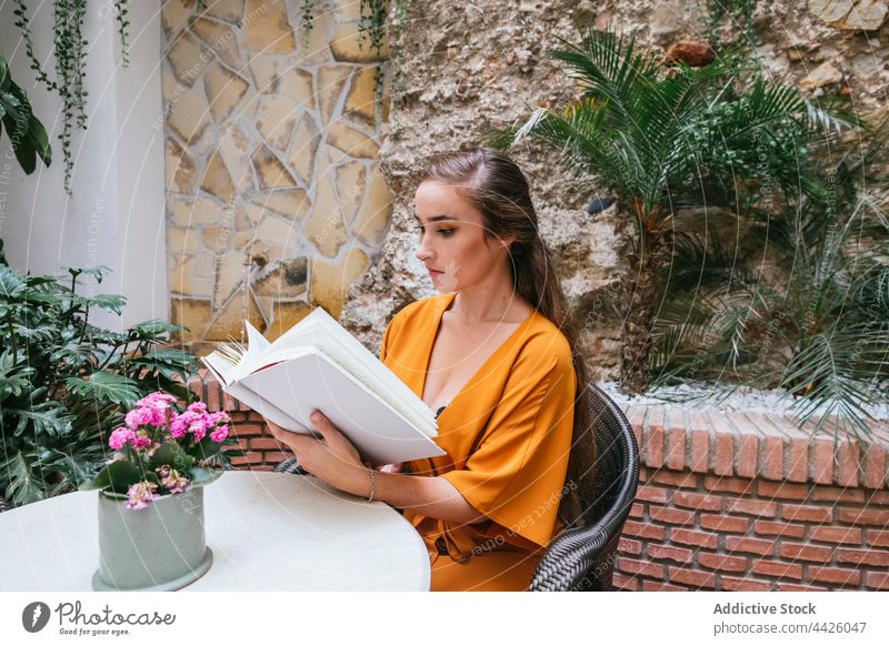 Frau liest Buch im Innenhof lesen Terrasse patio Sommer Etage Kälte Gelassenheit Literatur Windstille sitzen friedlich genießen Harmonie ruhig Hobby Tisch Roman