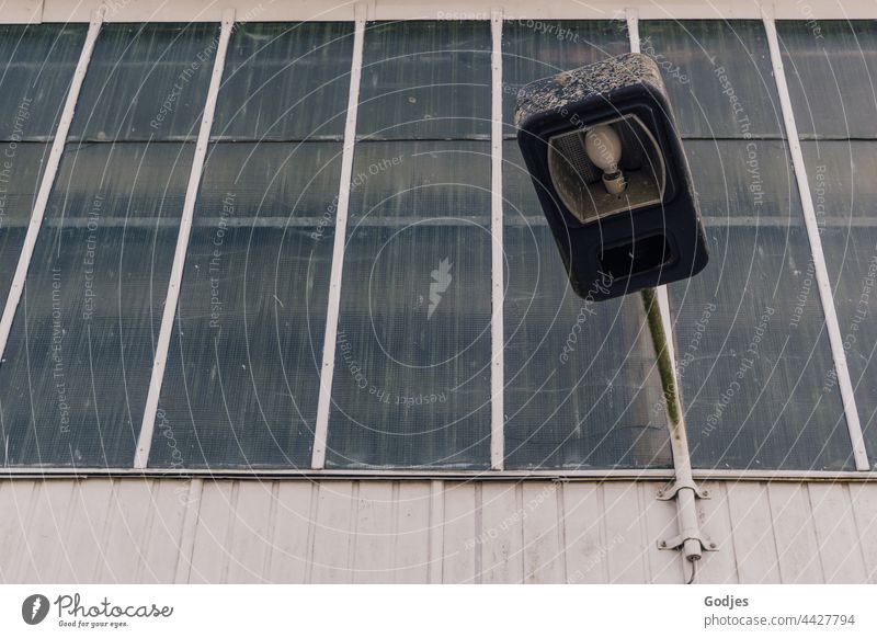 Außenbeleuchtung an der Fassade eines Fabrikgebäudes Lampe Beleuchtung Glühbirne Glas Fenster Metall Wand Mast Licht Elektrizität hell Kabel dunkel