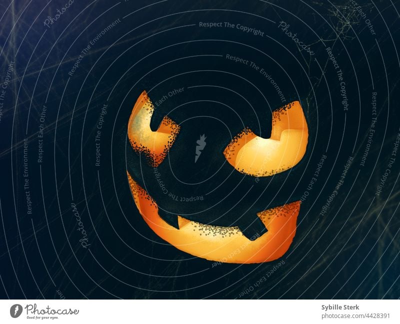 Kürbisgesicht zwischen Spinnweben Spinnennetz Spinnennetz. Kürbis jack-o-lantern Halloween Herbst spukhaft Geist Zauberei u. Magie gespenstisch unvergesslich