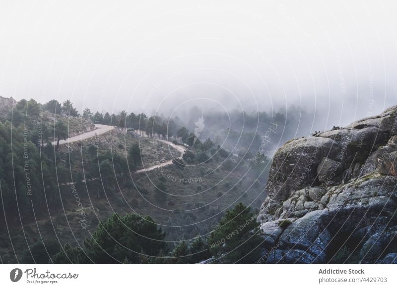 Nebel zwischen Bergrücken und Felsen in der Morgendämmerung Berge u. Gebirge Ambitus Felsbrocken Baum Himmel pedriza Natur diffus Air Umwelt Ökologie Landschaft