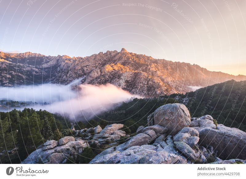 Nebel zwischen Bergrücken und Felsen in der Morgendämmerung Berge u. Gebirge Ambitus Felsbrocken Baum Himmel pedriza Natur diffus Air Umwelt Ökologie Landschaft