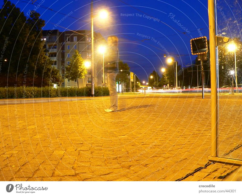 Blue sky Dresden Schulausflug Nacht dunkel schwarz gelb Frau Lampe Haus Langzeitbelichtung Abend blau Starße Pfosten Pflastersteine