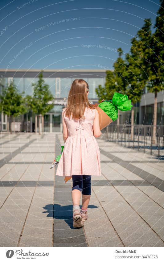 Ein Mädchen geht mit einer Schultüte in die Schule zur Einschulung Zuckertüte Kind Farbfoto Kindheit Bildung lernen Schulkind Schüler schülerin Mensch