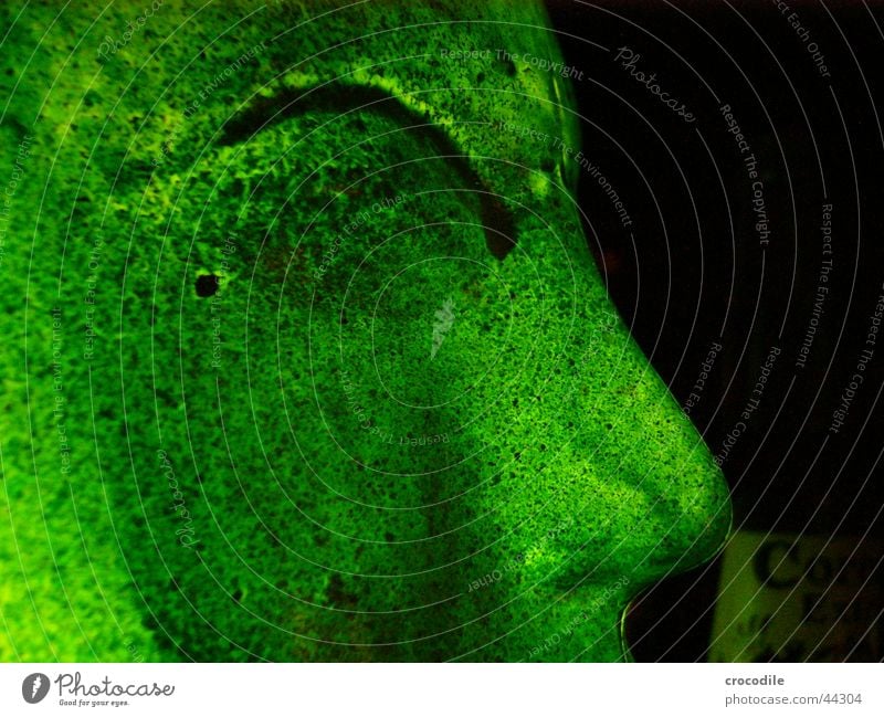 greenface Spray grün Beleuchtung angemalt Wange dunkel schwarz Nacht obskur Glas Kopf Nase Auge