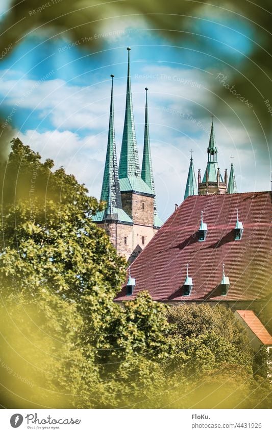 Erfurt Kirche St. Severi Architektur Gebäude mittelalterlich Glaube Gott Christentum Sonnenschein Tag Thüringen Landeshauptstadt Dach Kirchturm Kirchturmspitze