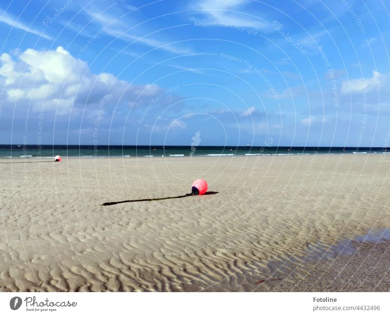 Typisches Bild bei Ebbe an der Nordsee. Die Bojen liegen für ein paar Stunden auf dem Trockenen. Gezeiten Sand Ebbe und Flut Wattenmeer nass grau orange schwarz