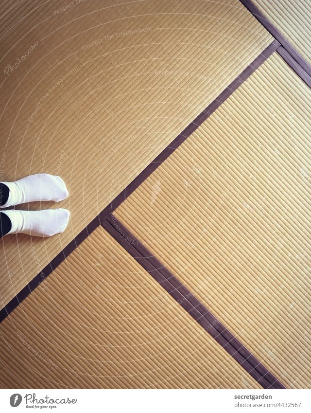 Ordnungsliebe auf Socken Tatami Matten Häusliches Leben Füße Innenaufnahme Innenraum weiss braun Linien Japanisch sauber vorsichtig Sauberkeit weiß Farbfoto