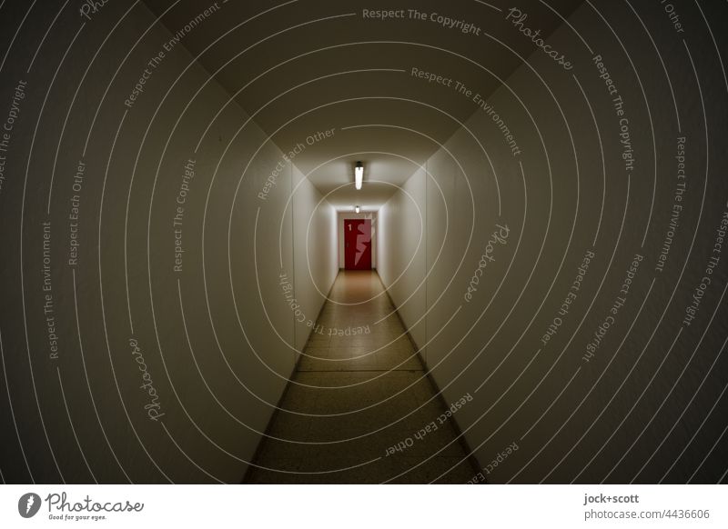 Korridor von Etage 1 künstliches Licht Architektur Weitwinkel Schatten lang Hintergrund neutral Strukturen & Formen Wege & Pfade Symmetrie Fluchtpunkt Durchgang