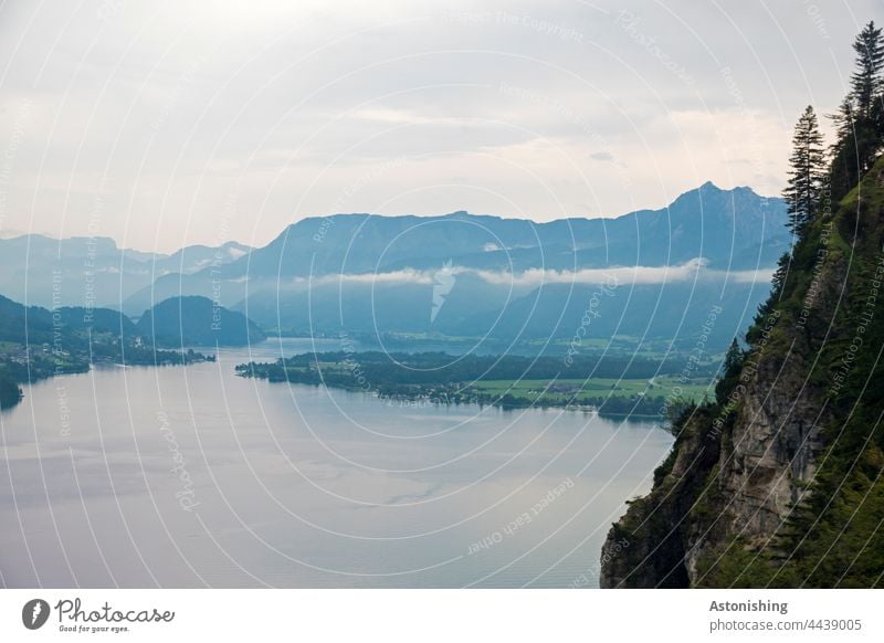 Wolfgangsee See Berge Salzkammergut Ufer Seeufer steil hoch Wetter Nebel Wolken Österreich groß weit Weite Aussicht hochblau grün Gras Gipfel Baum Nadelbaum