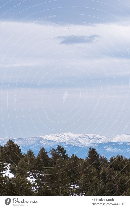 Bewölkter Himmel über Hochland und Bergen Berge u. Gebirge Wald Natur Schnee Baum nadelhaltig malerisch Umwelt Landschaft Wälder Kamm Hügel Gipfel Waldgebiet