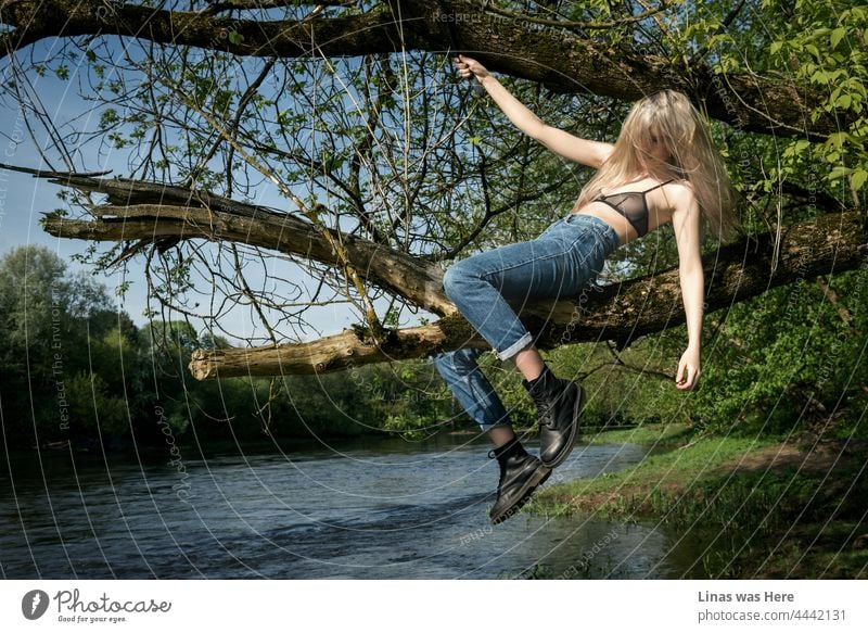 Ein wunderschönes Mädchen in blauen Jeans und einem schwarzen Bralette gekleidet ist immer alle wild in der wilden Natur in der Nähe des Flusses Ufer. Reiten diesen Zweig an einem sonnigen Sommertag. Ihre Sexiness und freien Geist sind alle über dieses Bild.