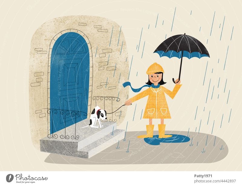 Retro Stil Illustration eines Mädchens mit Regenschirm, das versucht mit ihrem widerwilligen Hündchen im Regen Gassi zu gehen Hund Gassi gehen schlechtes Wetter