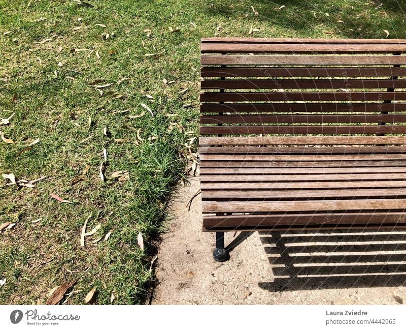 Sommertag im Park und Bank für eine kleine Pause Holzbank Alte Bank Parkbank Sitzgelegenheit Bank im Park Gras hinsetzen Erholung Natur sitzen Windstille grün