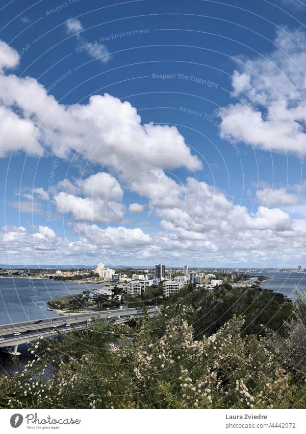 Perth und Swan River West Australien Schwan-Fluss Großstadt Stadtleben Wolken bewölktes Wetter Himmel Brücke malerisch Tag Skyline Wasser Farbfoto Bäume Grün