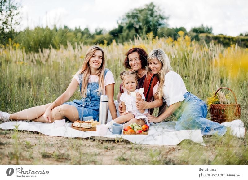 Die Familie macht ein Picknick auf der Wiese. Drei Generationen von Frauen der gleichen Familie ruhen sich gemeinsam aus Mutter Großmutter Tochter Enkelin