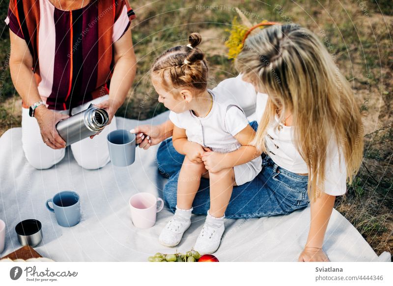 Nahaufnahme einer Großmutter, die ihrer Enkelin, die in den Armen ihrer Mutter bei einem Picknick sitzt, Tee aus einer Thermoskanne einschenkt Familie Frau