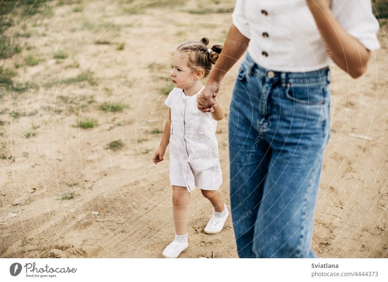 Die Mutter und ihre kleine Tochter gehen spazieren, halten sich an den Händen und verbringen Zeit miteinander Beteiligung laufen Frau Mädchen Kind Liebe Natur