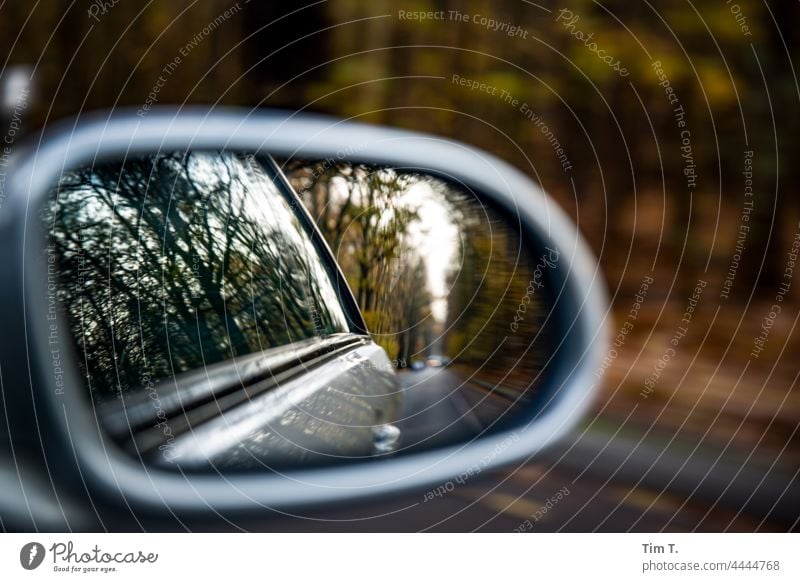 eine Herbstliche Landstraße im Rückspiegel des Autos Farbfoto Straße PKW Menschenleer Verkehr Außenaufnahme Landschaft Baum Spiegel fahren Autofahren