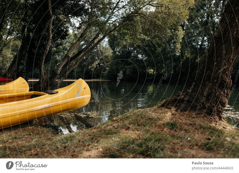 Kajak am Flussufer Kajaks Kanu Kanusport Abenteuer reisen Freizeit & Hobby See Sommer Wasser Natur Sport Kanutour Außenaufnahme Farbfoto