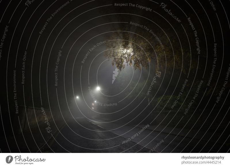 Verlassene und gespenstische Glossop Road in Sheffield, starker Nebel in der Nacht. Lichtstrahlen von Straßenlaternen scheinen durch dichten Nebel und Äste. Verlassene und leere Hauptstraße, Glossop Road, Sheffield, Kurven in die Ferne