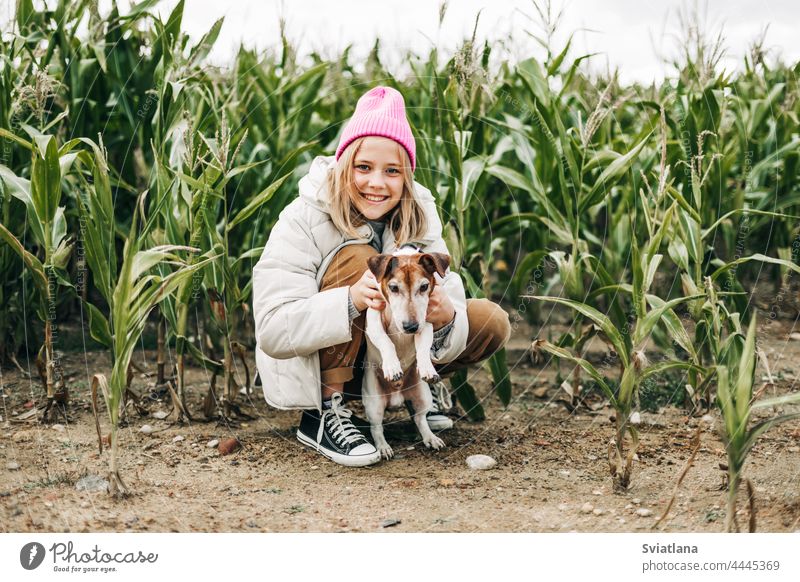 Glückliches Mädchen im Teenageralter, das ihren Hund Jack Russell Terrier auf einem Feld vor dem Hintergrund eines Maisfeldes im Herbst umarmt Umarmung rosa