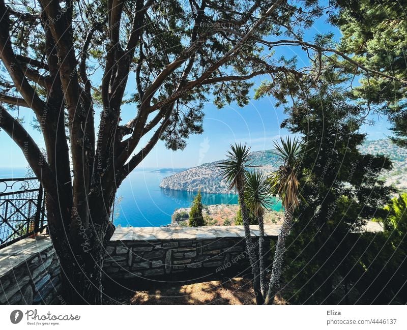 Aussicht auf Küste und Meer Landschaft Ausblick Wasser Aussichtspunkt blau Sommer Bäume Weite Ferne Natur Himmel Blauer Himmel