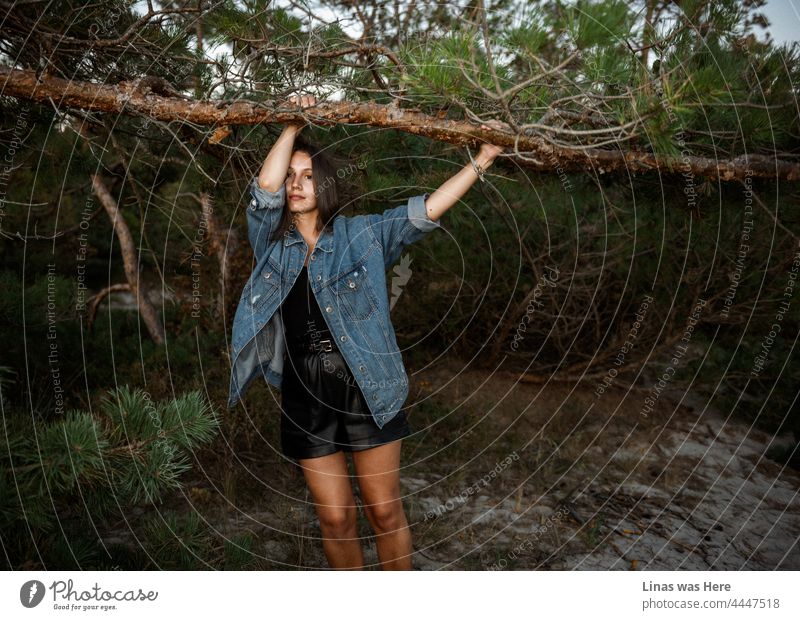 Ein wunderschönes Model in Blue Jeans und schwarzen Shorts hängt in den Dünen ab. Die Sommerstimmung ist kühl und entspannt, und diese brünette Schönheit genießt einfach den Moment ganz allein. Der Geruch der Sommerbrise.