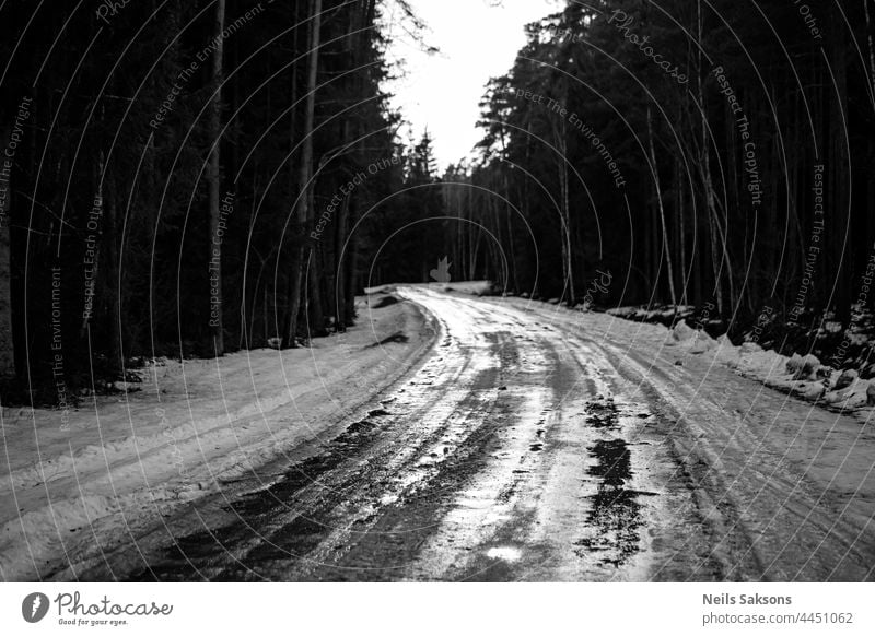 Kurvenreiche Waldpiste in Lettland. Meistens Nadelbäume Kiefer. Gras auf der Straße Seiten. Ende des Winters oder Anfang des Frühlings Szene. Grauer Himmel, schmelzendes Eis und Schnee am Straßenrand. Schwarz und weiß düstere Version