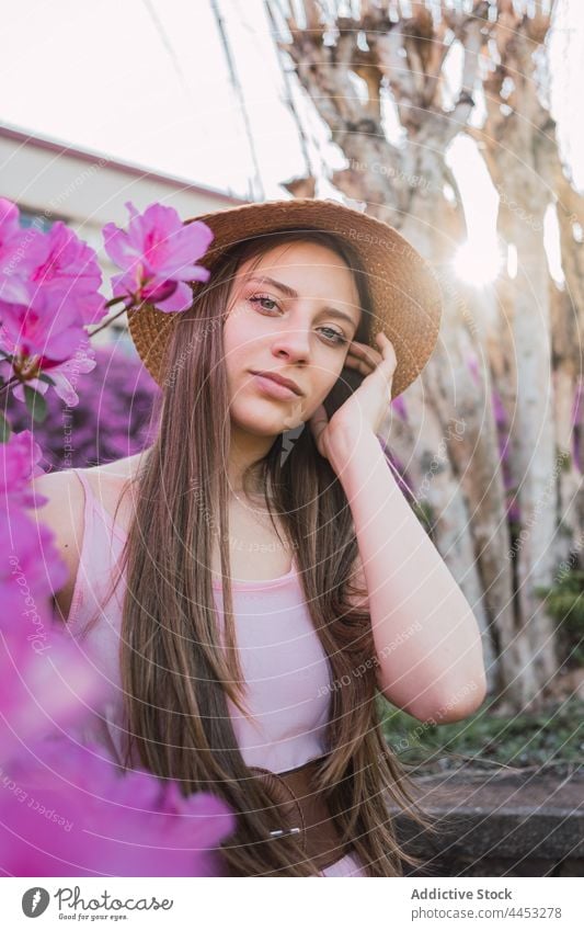 Zarter Teenager gegen blühende Blumen im Stadtpark Blütezeit natürlich sanft romantisch Angebot Aroma Park urban Wulst Wittern violett Flora Großstadt idyllisch