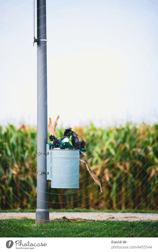 überfüllter Mülleimer in der Natur voll draußen Mülltonne Abfall Müllentsorgung Umweltschutz