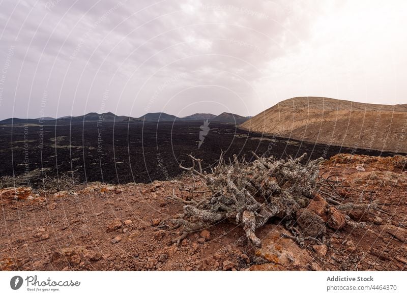 Krater des Vulkans gegen Berge und Meer bei Tag Himmel MEER Natur Hochland Landschaft Geologie unfruchtbar Insel Horizont endlos trocknen robust rau malerisch