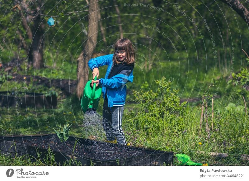 Mädchen bewässert Pflanzen im Gemeinschaftsgarten Zuteilung Betten Kinder Großstadt Ackerbau natürlich Gemüsebeet im Freien Container wachsen umgebungsbedingt