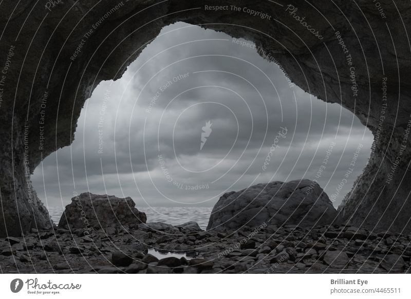 Höhle mit Blick auf Meer mit bewölktem Himmel 3d Bogen Bucht Einsamkeit Klippe Küste dunkel Tod Ausflugsziel dramatisch Belichtung Entsetzen menschlich