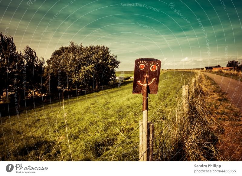 Ein aufgemaltes Gesicht auf einer Schaufel steht am Wegesrand Zaun Himmel Landschaft Natur Außenaufnahme Straße Wege & Pfade Farbfoto Menschenleer Gras Feld