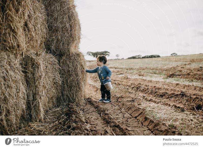 Seitenansicht Kind spielt mit Heuballen 1-3 Jahre 1 Mensch Kaukasier Junge Natur Herbst Kindheit Außenaufnahme Farbfoto Tag Spielen Lifestyle Freude Kleinkind